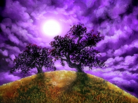 Dreaming of Oak Trees - sky, trees, draw and paint, moons, love four seasons, oak trees, clouds, paintings, lovely still life