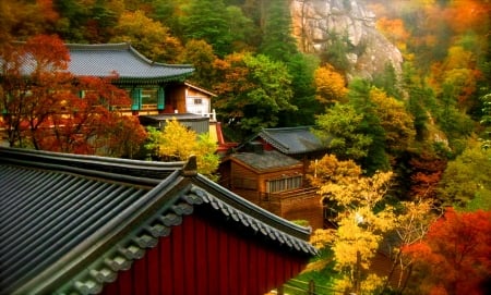 Seoraksan national park-Korea - autumn, houses, mountain, trees, roofs, colorful, park, korea, foliage, rocks, village, fall, town, beautiful, leaves, temple