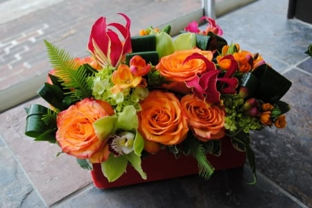 Still life - flowers, orange roses, orchid, freesia, floral arrangements