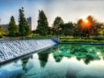 cascading falls in a pool at sunset hdr