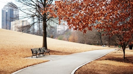 Autumn park - autumn, landscape, way, park, bench, wallpaper, path, road, hd, nature, fall, town, city, scene