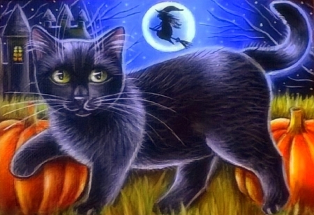 Ready for Halloween - pumpkins, black cat, paintings, fall season, witch, moons, holiday, autumn, halloween, cats, love four seasons, animals