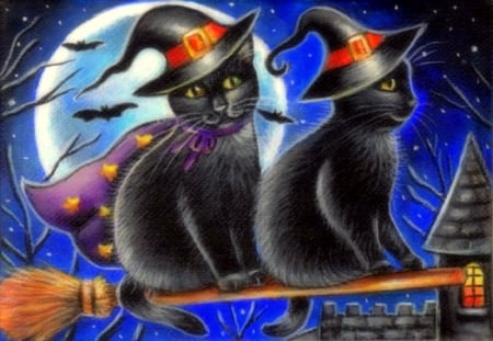 Flying Together - witches, broom, paintings, hats, stars, moons, holiday, halloween, cats, love four seasons, animals