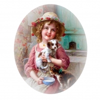 Little girl with kitten and puppy