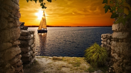 Sailboat at Sunset - river, sunset, nature, sailboat