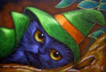 Green Witch's Hat - holiday, love four seasons, cats, animals, black cat, hat, halloween, paintings