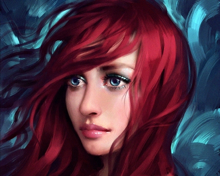 Chaos - woman, selenada, redhead, girl, fantasy, face, art, chaos, luminos, blue