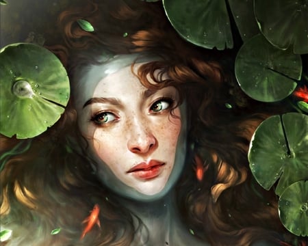 Mermaid - beauty, woman, girl, charlie bowater, water, leaf, freckles, fantasy, face, art, mermaid, lily pad, red, fish, green