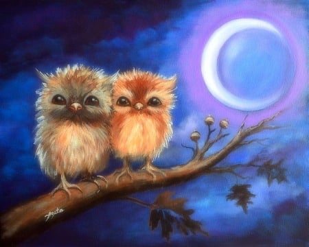 Owl Protect You - owls, paintings, crescent moon, fall season, moons, holiday, autumn, halloween, love four seasons, animals