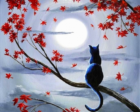 Silvery Moonlight - autumn, trees, draw and paint, moons, love four seasons, fall, cats, leaves, paintings, moonlight