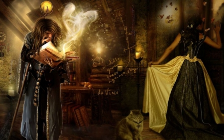 The Book of Halloween - woman, ghost, cat, dark, light, artwork