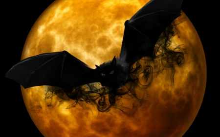 Halloween - moon, bat, night, alexandra from munchen, orange, dark, black, fantasy, wings, halloween, smoke, luminos, luna, drk