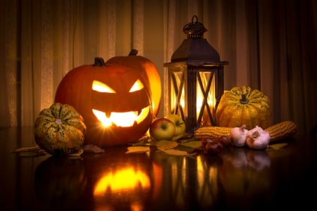 Halloween Still Life - jack o lantern, Autumn, pumpkins, nuts, Fall, garlic, corn, gourds, lantern, leaves, apples, fruit, halloween