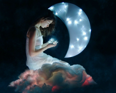 Dreamer - woman, moon, sparks, clouds