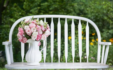 Still Life - bench, flowers, still life, vase