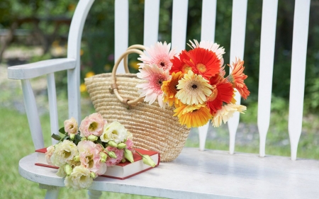 Still Life - flowers, basket, book, bag, still life