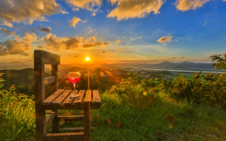 Beautiful Sunset - nature, sky, clouds, bench, sunset, wine