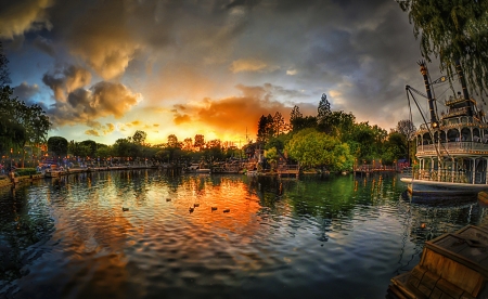 Sunset On The Rivers - clouds, river, sunset, colors, tree, sky