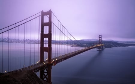 violet hour and fog surround the golden gate bridge - bay, violet, bridge, fog