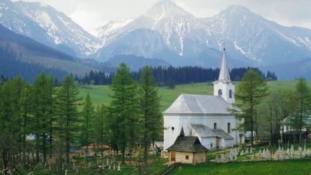 white church in an alpine valley - valley, cemetery, trees, church, mountains