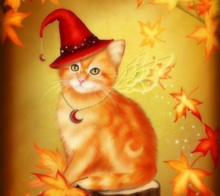 Autumn Cat Magic - autumn, hat, animals, kitten, halloween, love four seasons, cats, leaves, holiday, paintings, cute, fall season