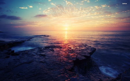 golden sunrise over dark rocky shores - sunrise, rocky, shore, golden