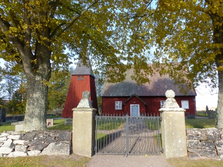 Old Church - trees, autumn, colors, church, gatepost, stones, sky, wall