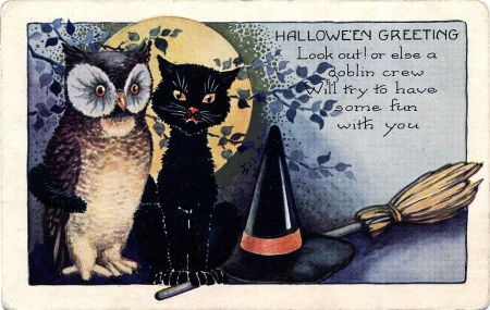 Halloween Greetings - hat, cat, moon, artwork, owl, broom