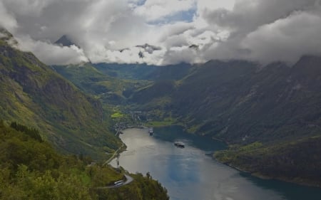 lovely geiranger fjord in norway - town, clouds, cruise ships, fjord, mountains, road