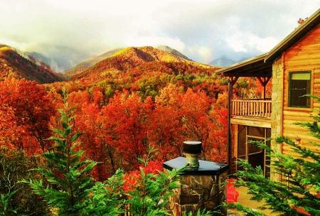 Autumn Cabin - landscape, hills, trees, leaves, colors, seasonal