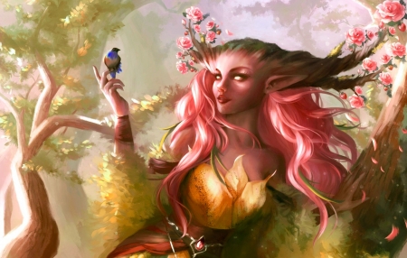 Delightful Friends - woman, elf, girl, female, pink hair, lovely, fantasy, bird, art, pretty, beautiful, digital, fairy