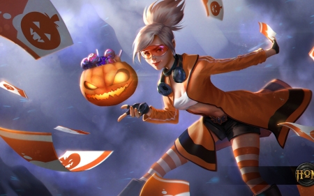 Happy Halloween! - woman, heroes of newerth, girl, pumpkin, poster, halloween, game, blue, orange