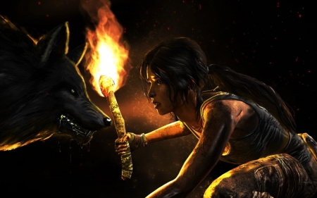 Face to face - game, wolf, girl, light, dark, fantasy, animal, fire, woman, lara croft