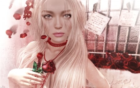 Be my Valentine - flower, rendering, rose, blonde, girl, fantasy, sad, woman, tears