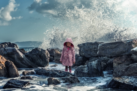 Little girl - summer, child, rock, copil, pink, water, girl, john wilhelm, little, wave, sea, stone