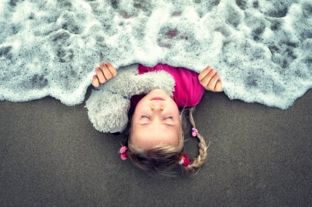 Dreaming of the ocean - summer, blue, girl, john wilhelm, sea, creative, pink, copil, child, situation, little, wave