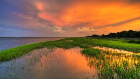 Sunset - lake, sunset, grass, river