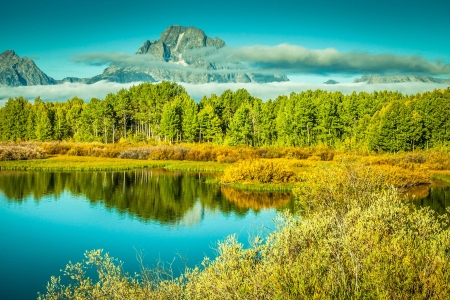 Mountain Lake - lake, trees, clouds, autumn