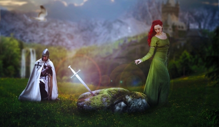 The sword in the stone - woman, costume, princess, female, photography, knight, fantasy, art, pretty, excalibur, sword, landscape, girl, very nice, beautiful, photoshop, digital