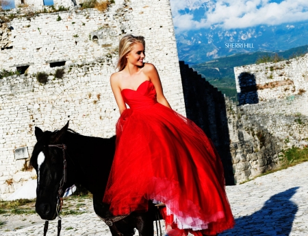 Happy Blonde - pretty, gown, female, elegant, mule, beautiful, photography, fashion, dress, girl, horse, happy, red, woman, model