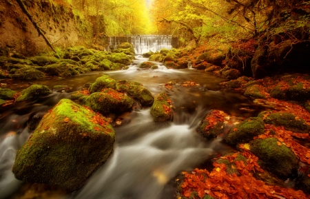 Autumn waterfall - autumn, cascades, stream, waterfall, foliage, fall, forest, beautiful, leaves, colors