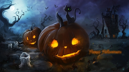 Happy Halloween! - black, halloween, cat, dark, night, pumpkin, blue, candle, fantasy, light, moon