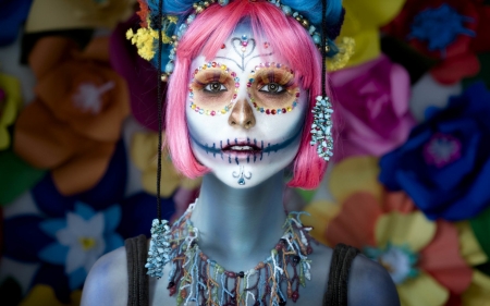 Halloween make-up - yellow, blue, girl, dia de los muertos, flower, pink, make-up, woman, model, halloween, face