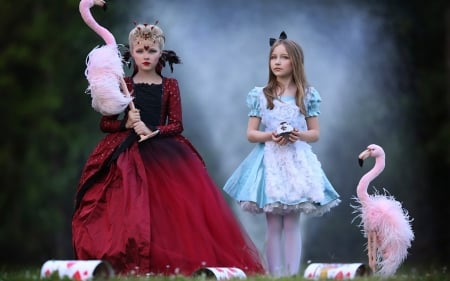 The Red Queen and Alice - bird, fetite, wonderland, tale, blue, dress, girl, creative, pink, copil, child, fantasy, red queen, alice, little, flamingo