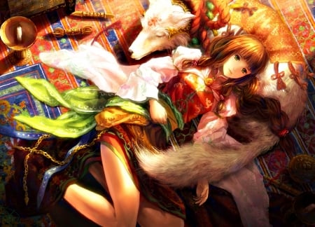 Safe - anime, fox, miyai haruki, girl, orange, tail, manga, white, sleep, green