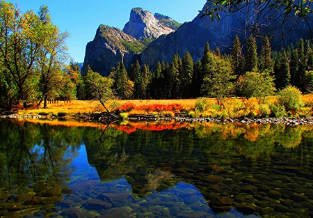 Yosemite National Park - autumn, reflection, trees, water, yosemite river, mountains