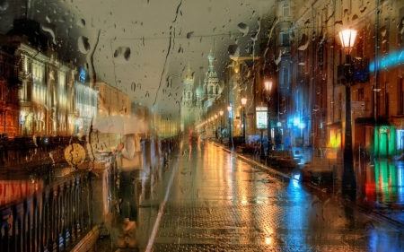 Rainy Night - raindrops, city, night, lights