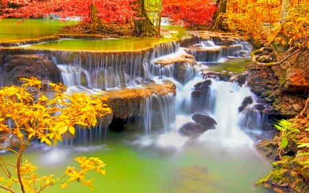 Autumn Waterfalls - autumn, trees, ponds, cascade, waterfalls, tropical, foliage, fall, thailand, beautiful, leaves, colors