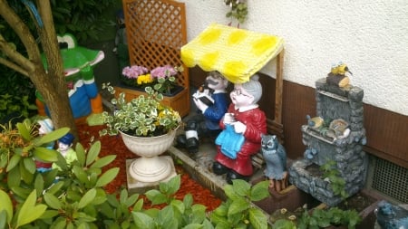 Garden Idyl 3 - Grandma, Frog, Flowers, Figurines, Grandpa, Branch, Pair, Photo, Idyl, Flower, Tree, Scene, garden idyl, painted figurines, photograph, snapshot, Grandparents, View, Garden