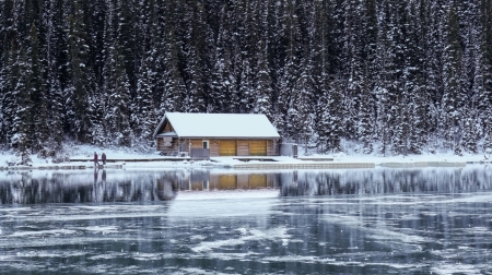 Little House by the River - winter, nature, little house, river